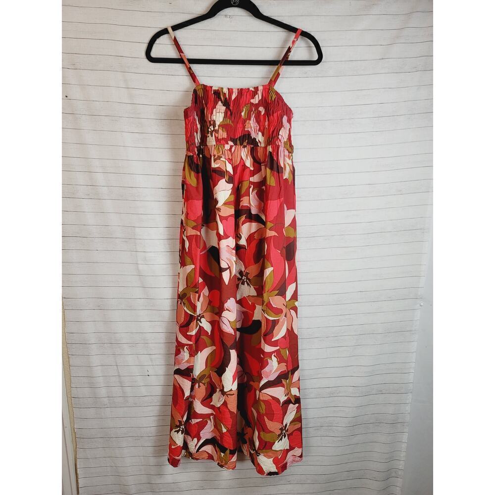 A New Day Floral Reds Smocked Midi Sundress, sz Small
